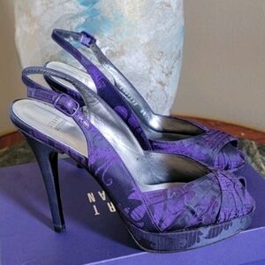 $335 NEW STUART WEITZMAN PLUM FIORE SATIN JACQUARD OPEN TOE PLATFORM PUMP 8.5